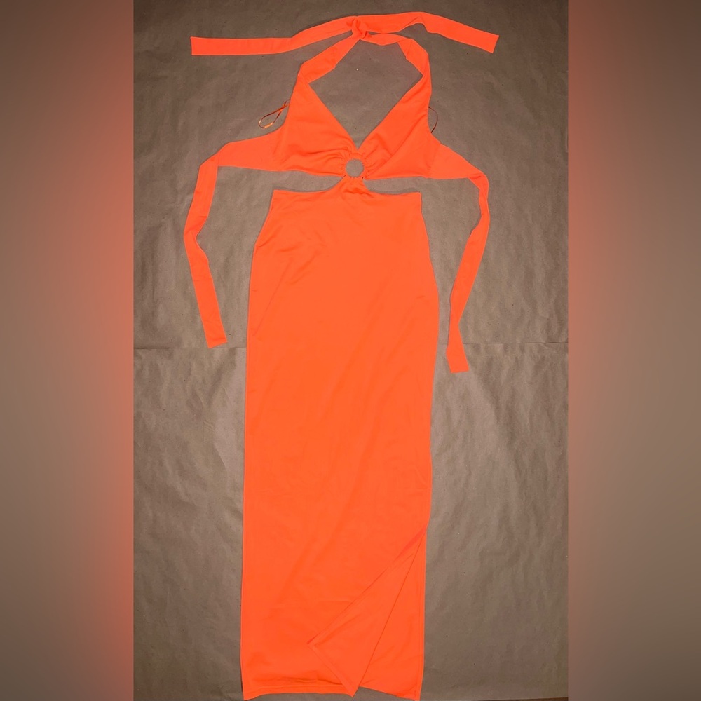 Neon Orange Halter Akira Medium Maxi Dress with Slit
